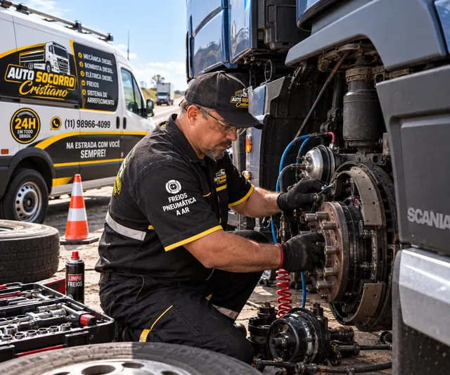 Serviço de freios de caminhão diesel realizado no local pela Mecânica Diesel Cristiano